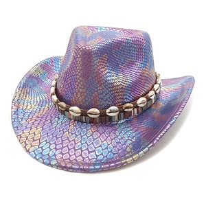 Iridescent purple snakeskin western cowboy hat with seashell decorative band and wide brim