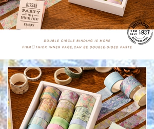 Macro view of impressionist floral washi tape set with vintage oil painting patterns