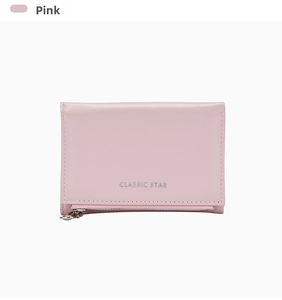 Detailed close-up of a pink fold-over wallet featuring the Classic Star silver print logo