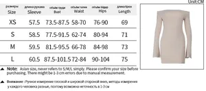 Size chart showing XS to L measurements for the off-shoulder long sleeve mini dress