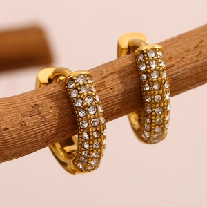 Elegant 18K gold-plated hoop earrings with sparkling cubic zirconia on a rustic branch