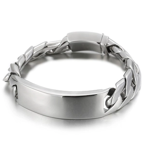 Polished stainless steel men's ID curb link bracelet with engravable blank bar