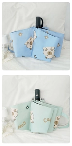 Detail view of automatic Capybara umbrellas in light blue and mint green with cartoon prints