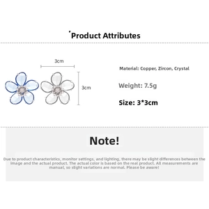 Detailed spec sheet for crystal flower ear cuff showing 3x3cm size and copper material