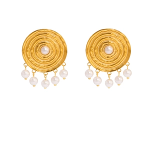 Vintage gold stainless steel disc earrings with textured circles and hanging white pearls