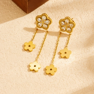 Long gold-plated stainless steel floral tassel earrings with sparkling crystals