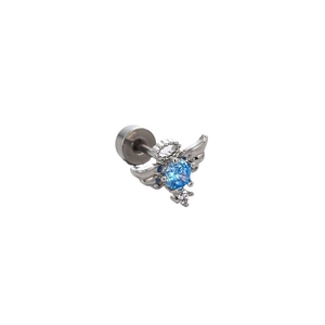 Titanium steel angel wing stud earrings with blue zircon and screw flat back design