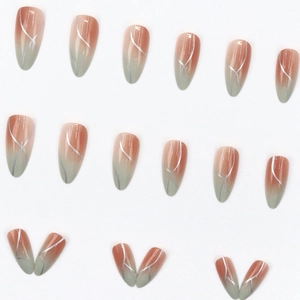 24pcs long almond press-on nails with red-brown and green gradient and silver lines