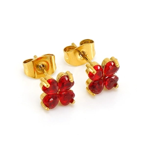 Boucles d'oreilles trèfle en acier inoxydable doré 18 carats et pierres rouges