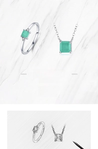 Detailed sketch and S925 silver jewelry set with square green gemstones on marble