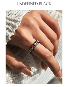 Close-up of black S925 silver ring with colorful oval-cut gemstones on model hand