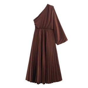 Deep brown one-shoulder pleated maxi dress with waist buckle and satin finish