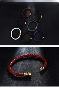 Close-up of magnetic metal clasp on multi-color braided leather bracelet for men