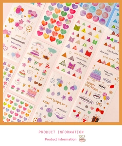 Detail of colorful children's stickers featuring hearts balloons and stars with gold accents