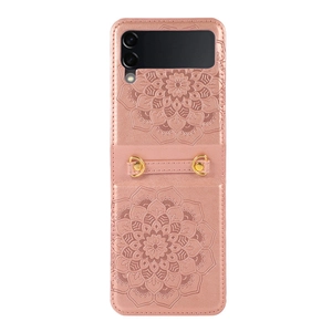 Pink Samsung Galaxy Z Flip protective case with embossed mandala pattern and metal ring strap
