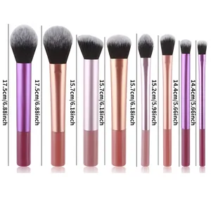 Size chart for 9pcs makeup brush set showing lengths from 14.4cm to 17.5cm with long aluminum tubes