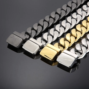 Detail view of Cuban link bracelets in matte black, matte silver, gold, and polished silver