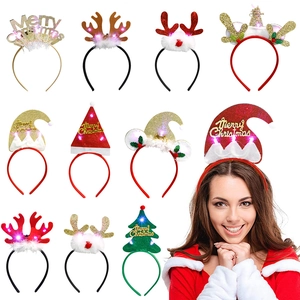 LED Christmas Headband Glowing Reindeer Antler Santa Hat Tree Sequin Plastic Party Hair Accessory For Kids Adults