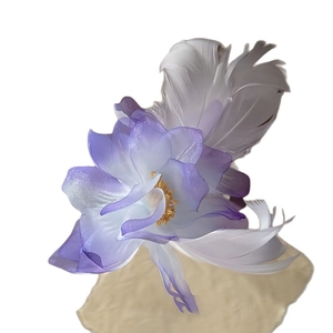 Elegant purple gradient fabric flower hair clip with soft white feather accents for women