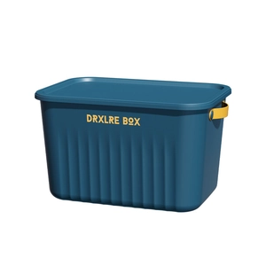 Large dark blue storage box with lid and yellow handles for home organization