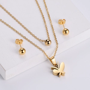 Gold-plated stainless steel double-layer butterfly pendant necklace and ball earring set