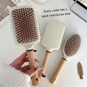Minimalist cream air cushion hairbrush set with beech wood handle and ventilation hole
