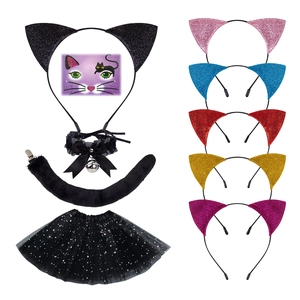 Serre Tête Oreilles De Chat Paillettes Queue En Peluche Dentelle Cloche Choker Jupe En Tulle Halloween Cosplay Costume Fête