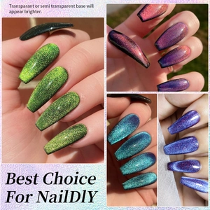 Dreamy cat-eye nail polish set with sparkling glitter effect in four vibrant colors