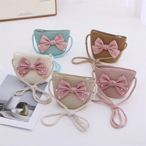 Straw weave shoulder bags for girls with silk bows and pearls in five pastel colors