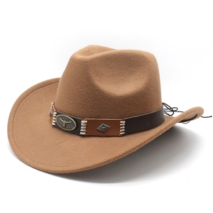 Detail of western cowboy hat featuring dark brown leather band and metal bull head logo