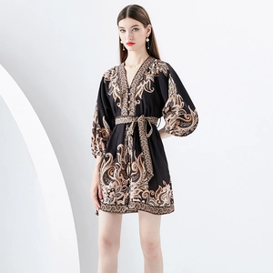 Elegant V-neck paisley print mini dress with lantern sleeves and a belted waist in black