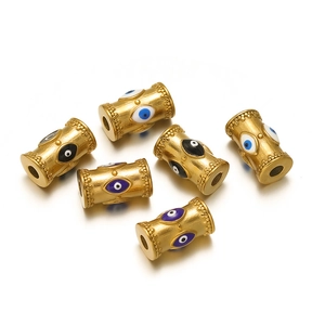 Golden stainless steel cylindrical beads featuring multi-color evil eye enamel patterns
