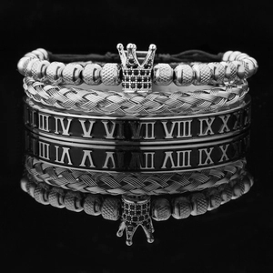 Men's crown bracelet set featuring Roman numeral bangle and woven metallic band