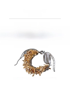 Detail of layered gold leaf tassel bracelet with size markings and metal specs