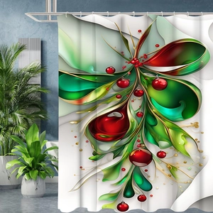 Close-up of Christmas shower curtain with red ornaments and green leaf patterns