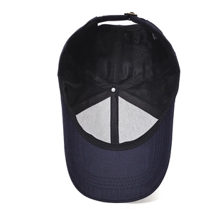Men's navy blue baseball cap showing internal cotton lining and adjustable metal buckle