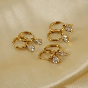 Chic gold-plated titanium steel hoop earrings with teardrop, square, and heart zircon charms