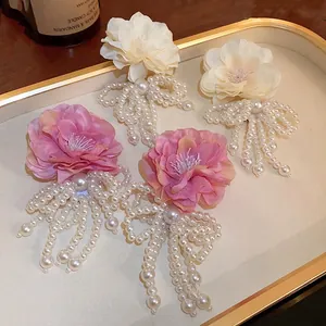 Fabric Flower Dangle Earrings With 925 Sterling Silver Earring Post Long Artificial Pearl Tassel Bow Statement Jewelry For Women