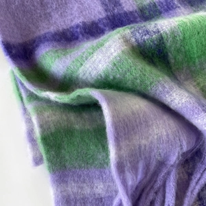 Classic checkered mohair scarf with purple and green stripes and long fringes