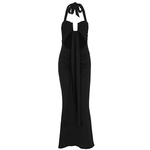 Detail of elegant black bodycon dress featuring U-neck cutout and center ruched tie detail