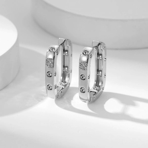 Elegant silver rectangle hoop earrings with shimmering zircon stones for women