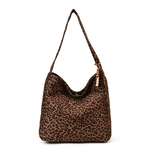 Chic leopard print hobo bag with wide shoulder strap and beaded tassel detail