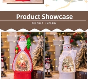 Detailed view of Santa and Snowman Christmas snow globe lanterns with festive warm lighting