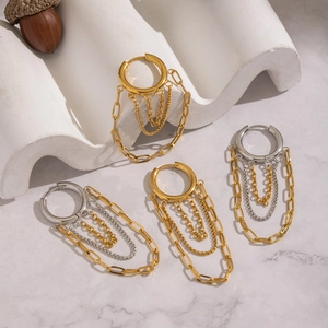 Minimalist layered chain dangle hoop earrings in gold and silver stainless steel finish