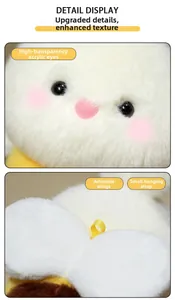 Detail of plush bunny bee toy featuring acrylic eyes, cute wings, and a yellow lanyard