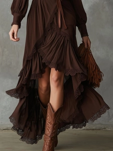 Bohemian dark brown long sleeve V-neck maxi dress with lace trim and ruffled layers