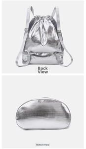 Rear and bottom view of a metallic drawstring bag with grey mesh sides and padded base