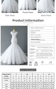Detailed size chart for V-neck mermaid bridal gown showing US, EU, and UK sizes with measurements