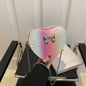 Heart Shaped Crossbody Bag For Women PU Leather Embossed Small Shoulder Bag With Bow And Silver Chain Strap