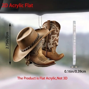 Flat 2D acrylic car pendant featuring cowboy hat and boot design on rearview mirror